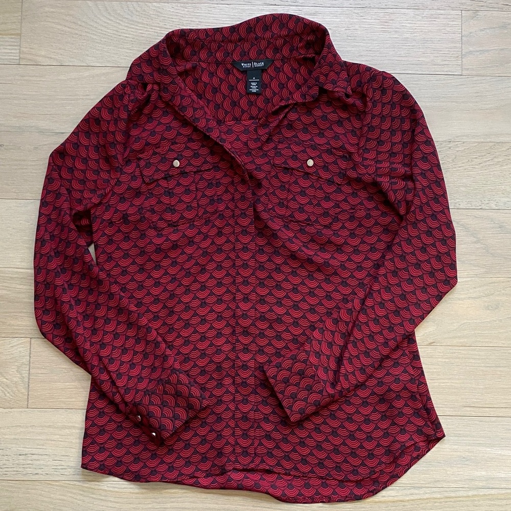 White House Black Market Red and Black Button Up Blouse
